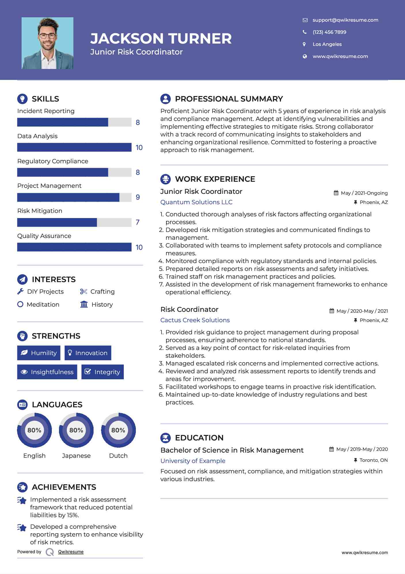 Junior Risk Coordinator Resume Example