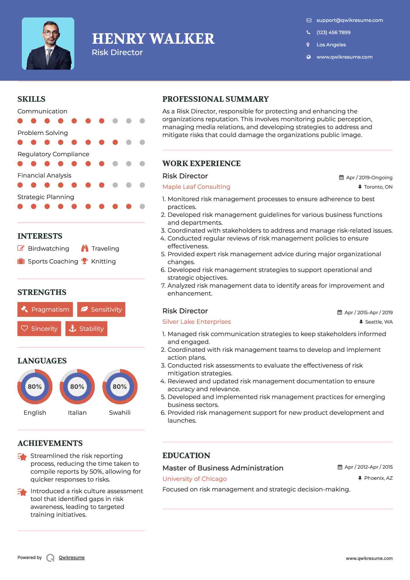 Risk Director Resume Sample