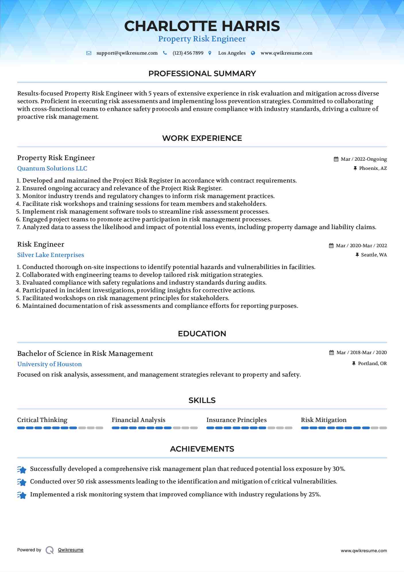 Property Risk Engineer
 Resume Template