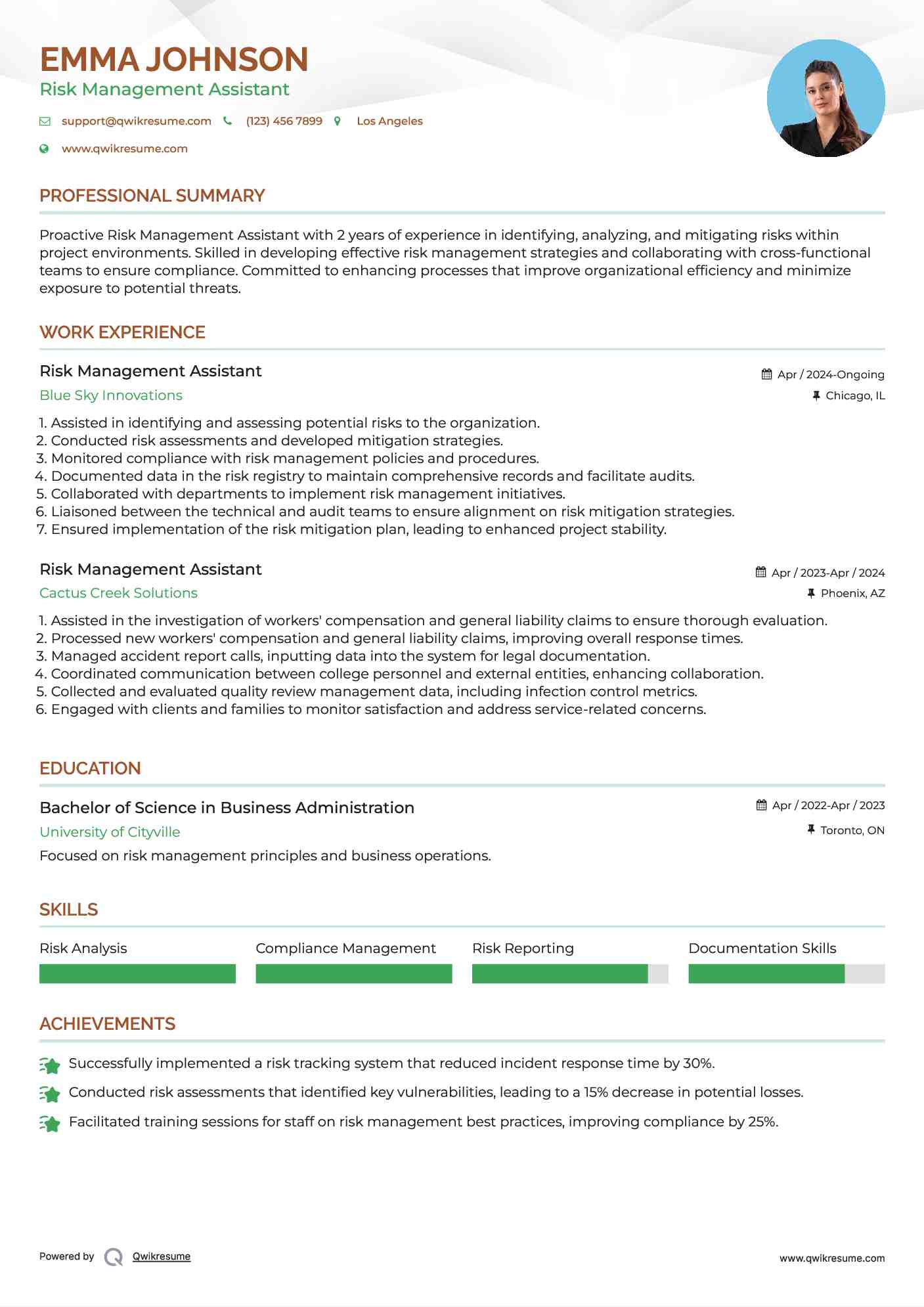 Risk Management Assistant Resume Example
