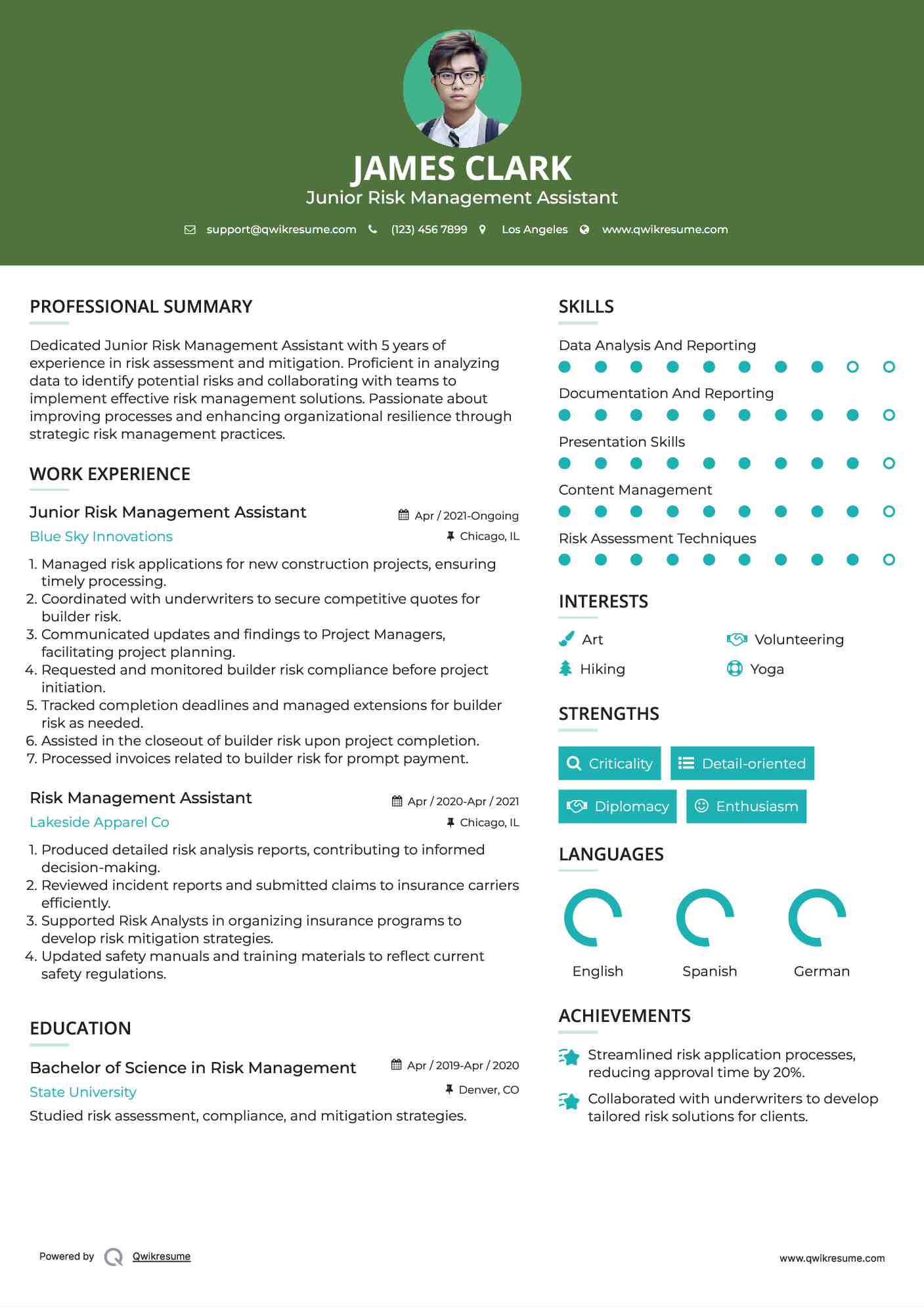 Junior Risk Management Assistant Resume Example