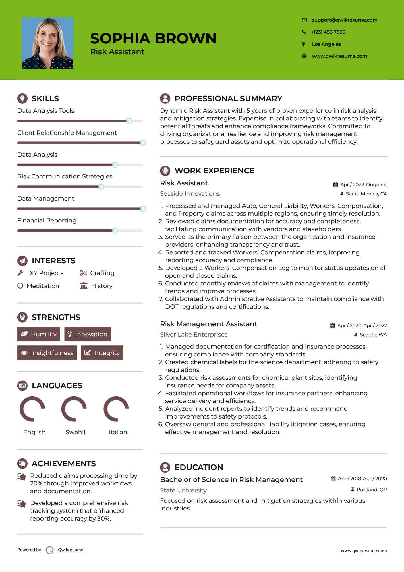 Risk Assistant Resume Format
