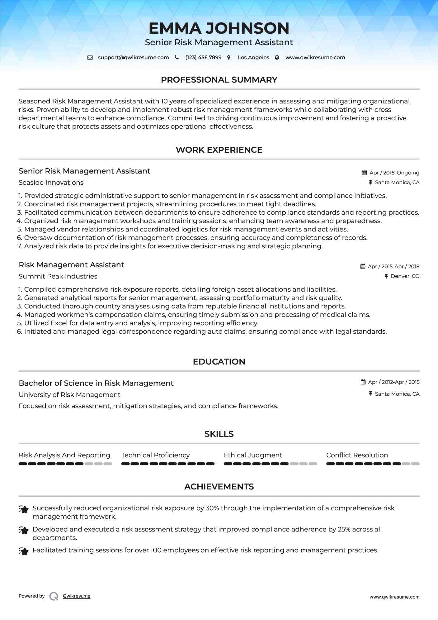 Senior Risk Management Assistant Resume Format