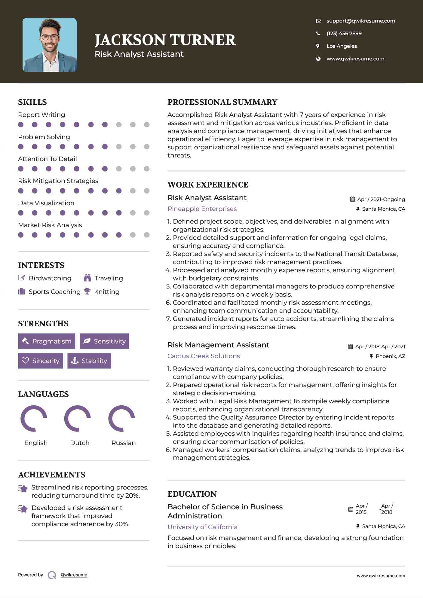 Risk Analyst Assistant Resume Sample