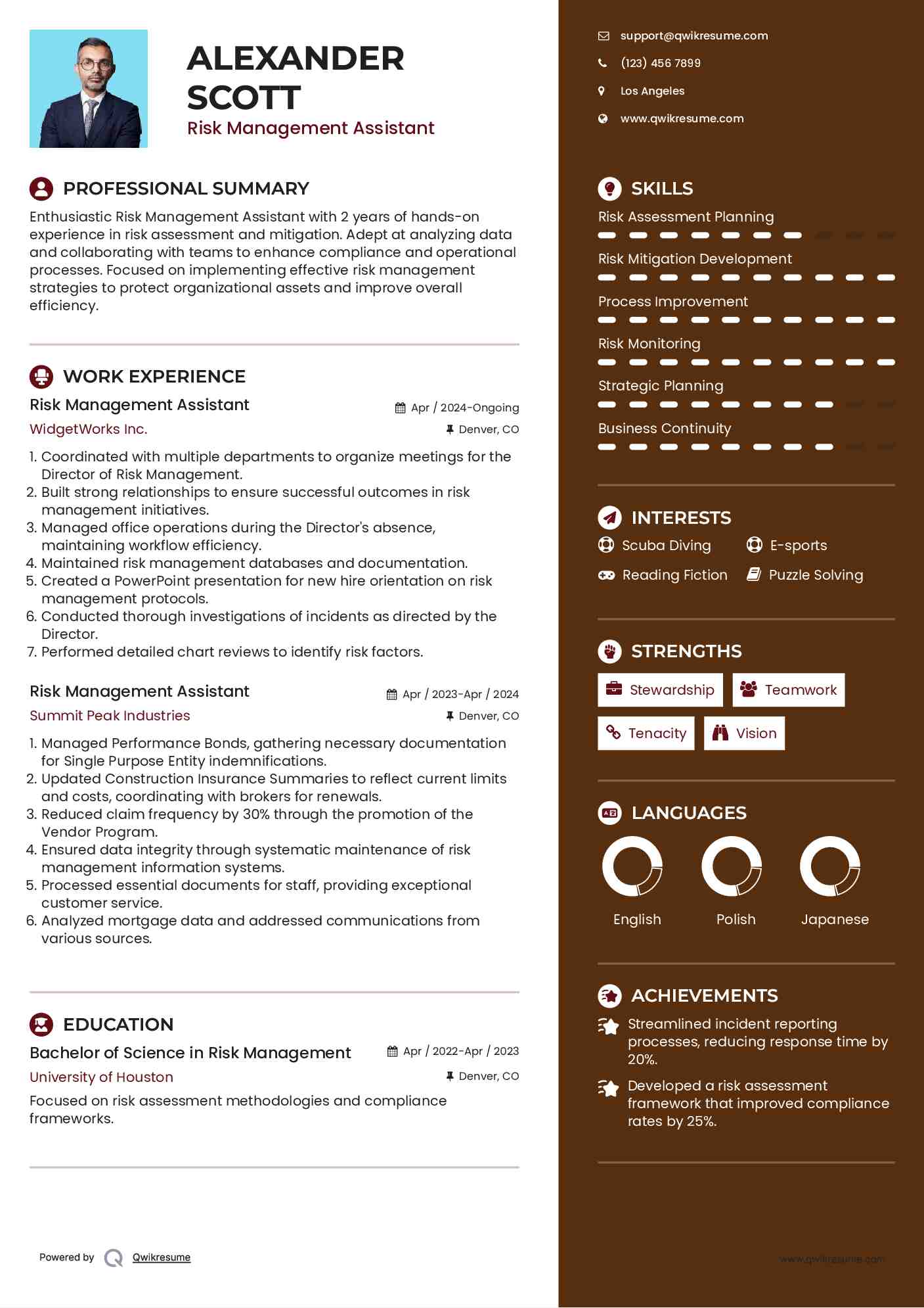 Risk Management Assistant Resume Template
