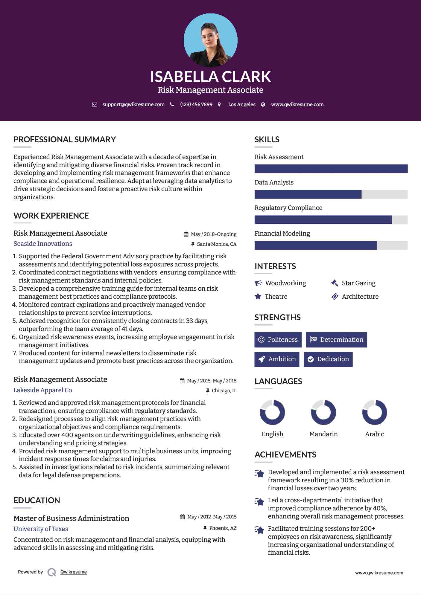 Risk Management Associate Resume Example