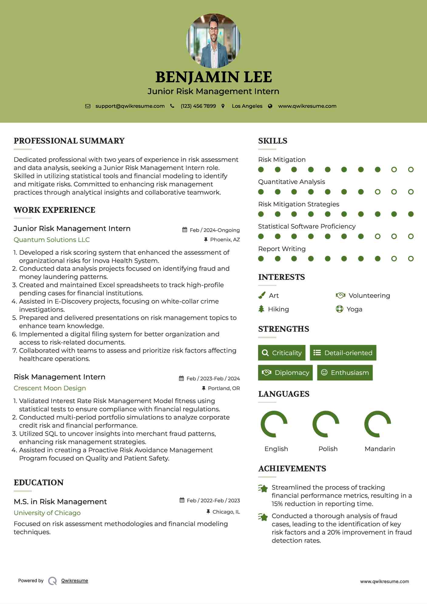 Junior Risk Management Intern Resume Sample