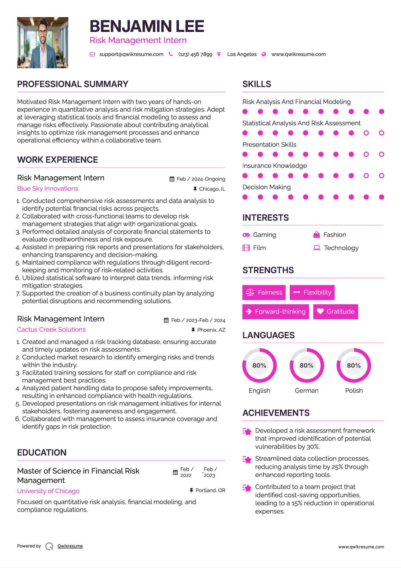 Risk Management Intern Resume Sample