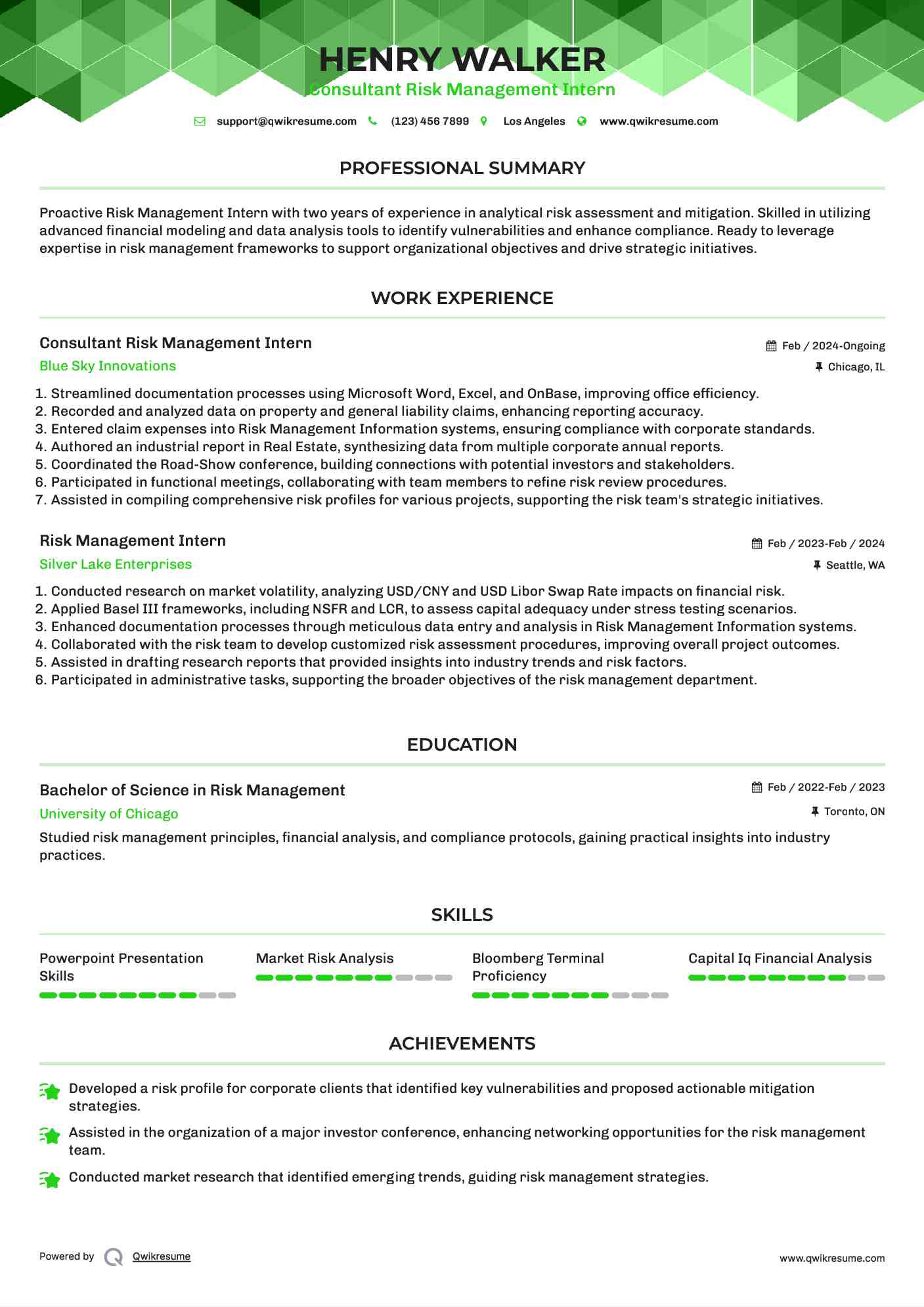 Consultant Risk Management Intern Resume Sample