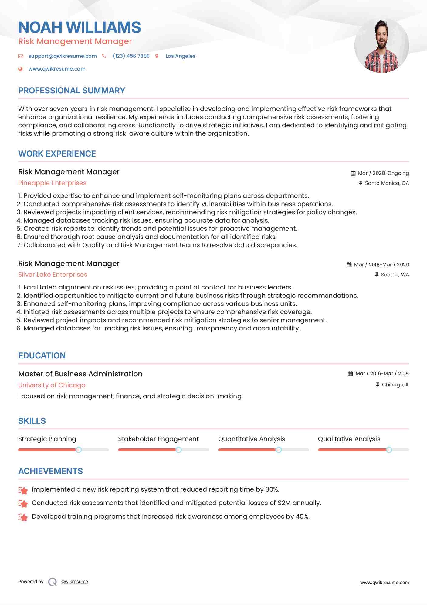 Risk Management Manager Resume Example
