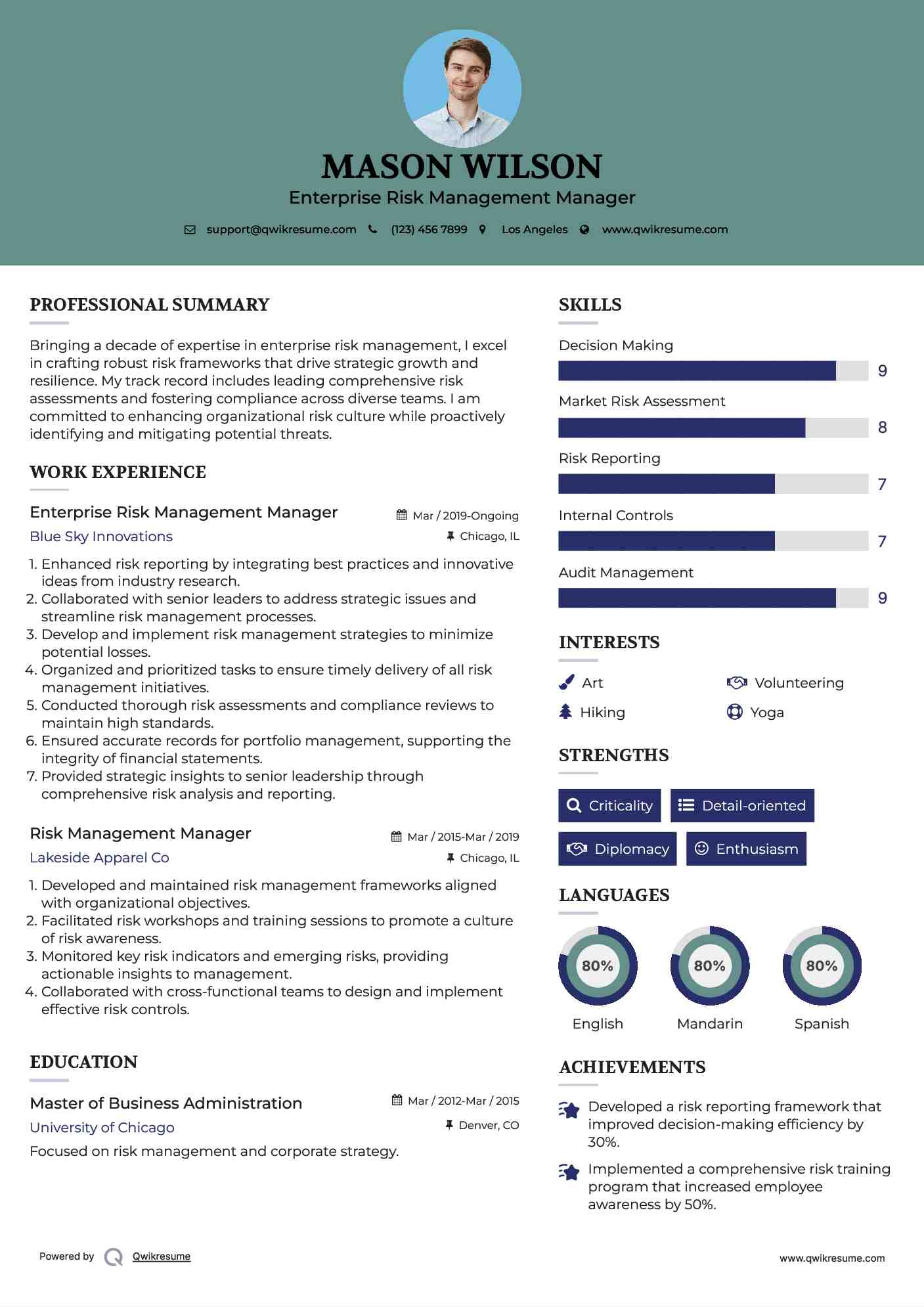 Enterprise Risk Management Manager Resume Format