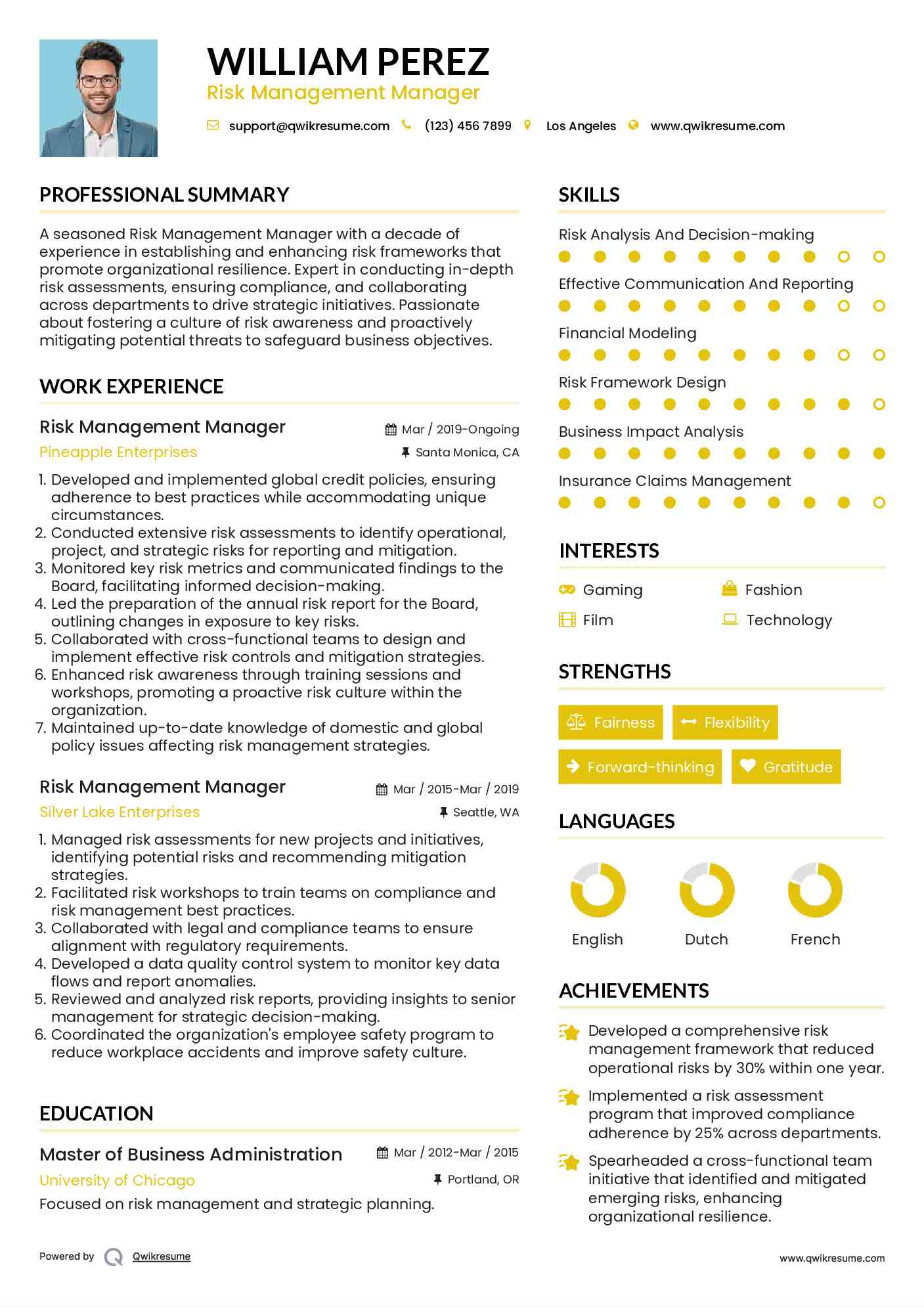Risk Management Manager Resume Template