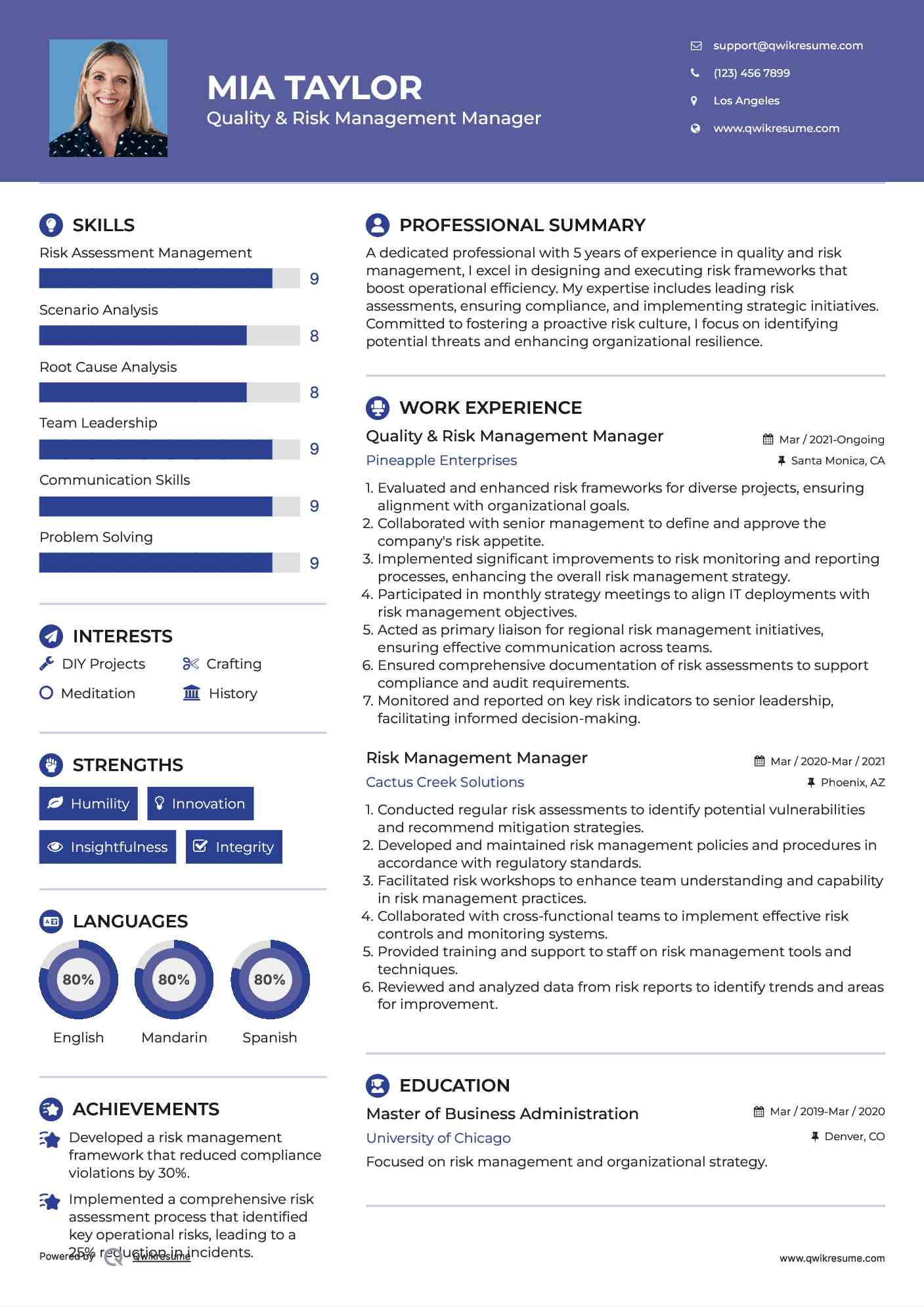 Quality & Risk Management Manager Resume Sample