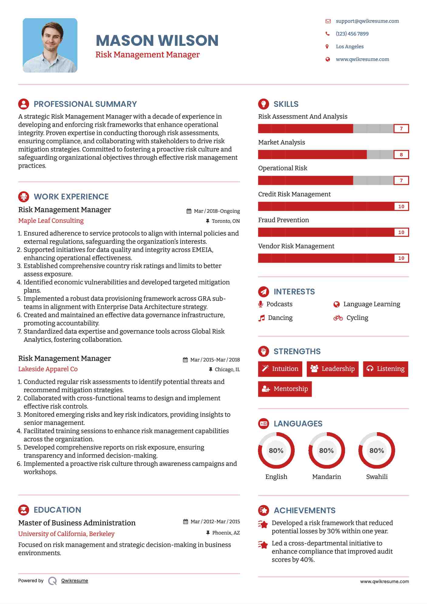 Risk Management Manager Resume Format