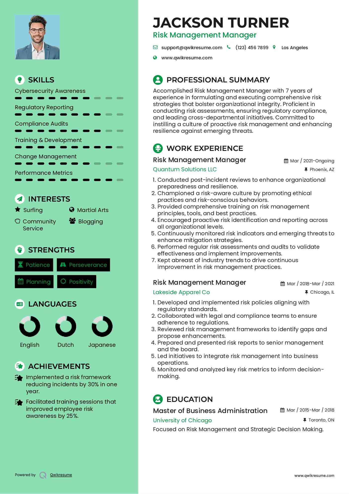 Risk Management Manager Resume Sample