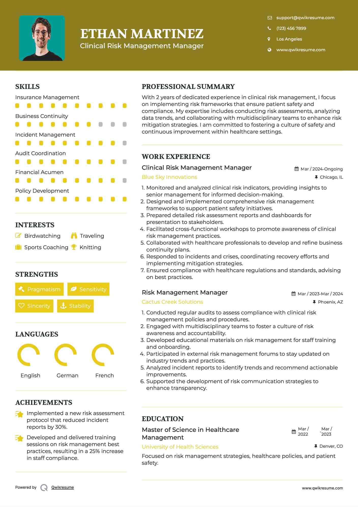 Clinical Risk Management Manager
 Resume Model