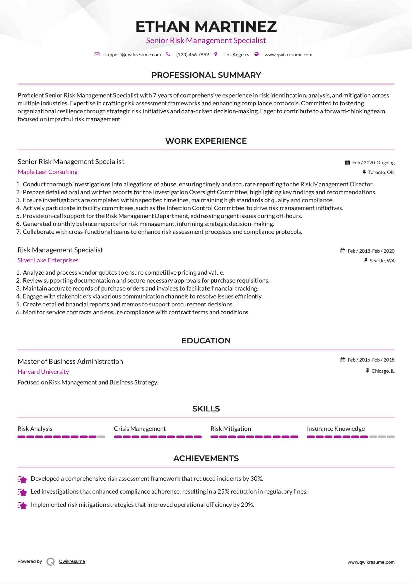 Senior Risk Management Specialist Resume Template