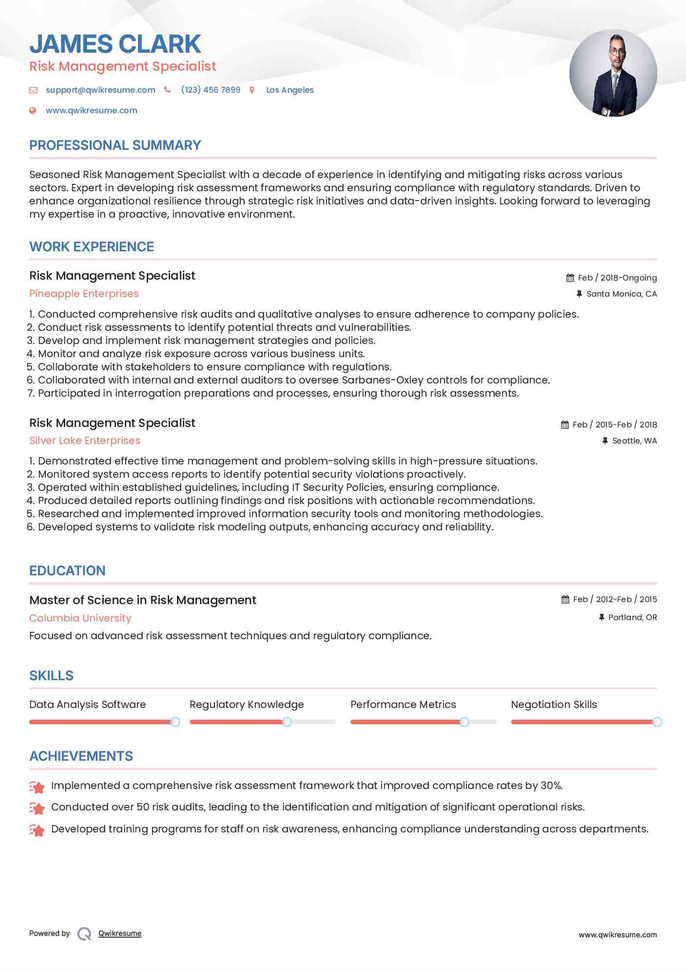 Risk Management Specialist Resume Template