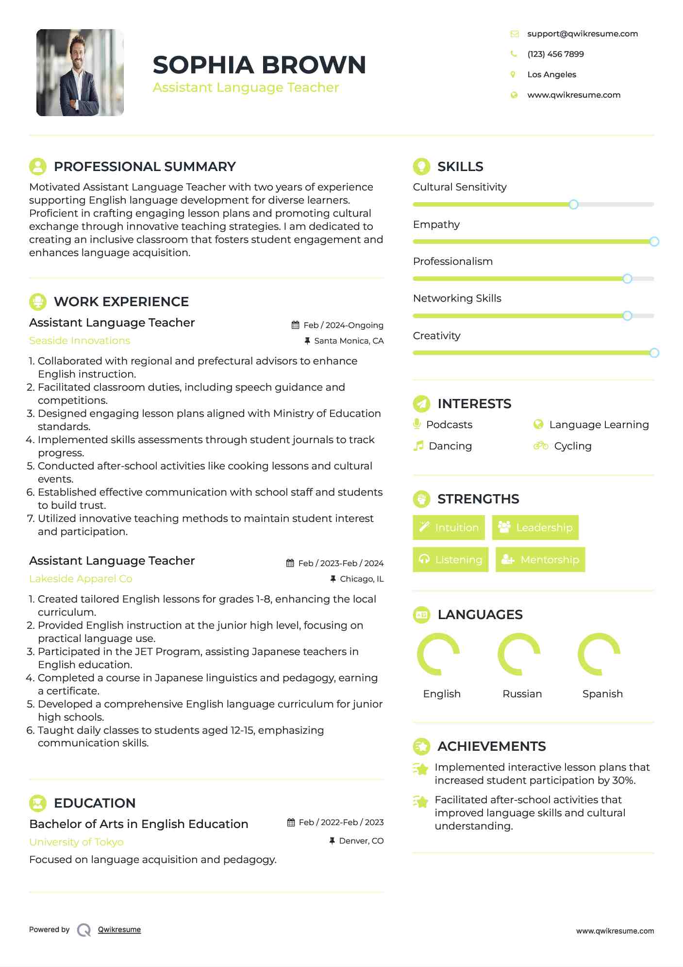 Assistant Language Teacher Resume Template