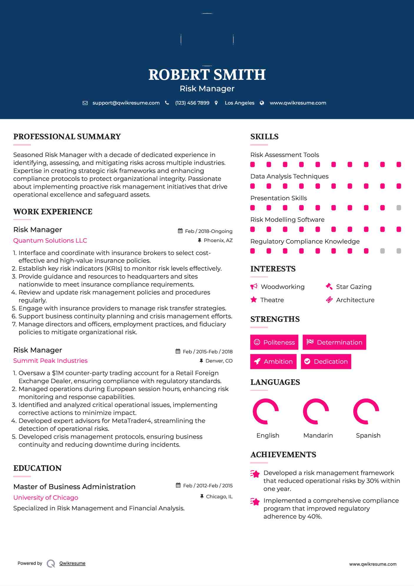 Risk Manager Resume Sample