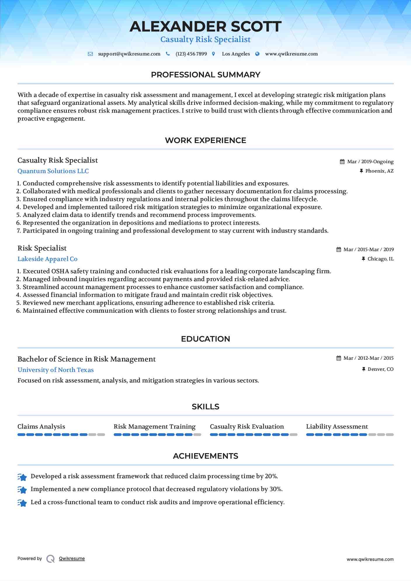 Casualty Risk Specialist
 Resume Template
