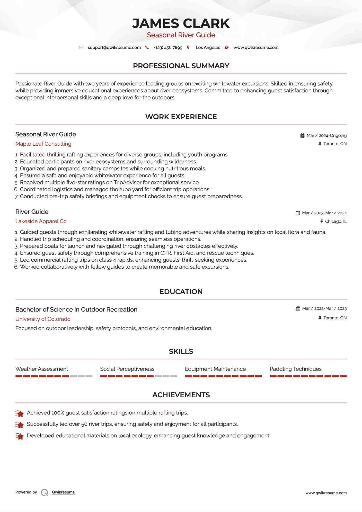 Seasonal River Guide
 Resume Sample