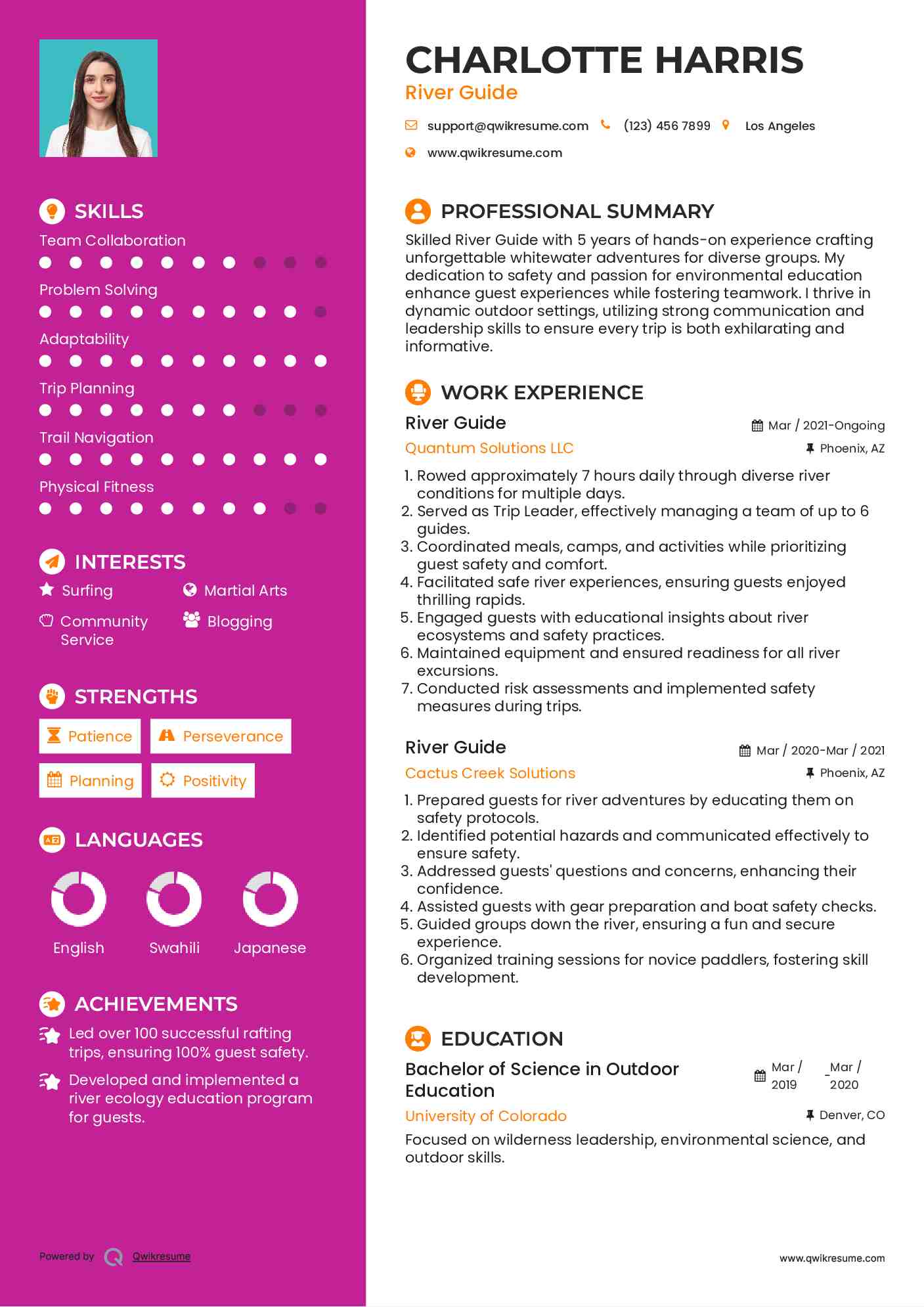 River Guide Resume Sample