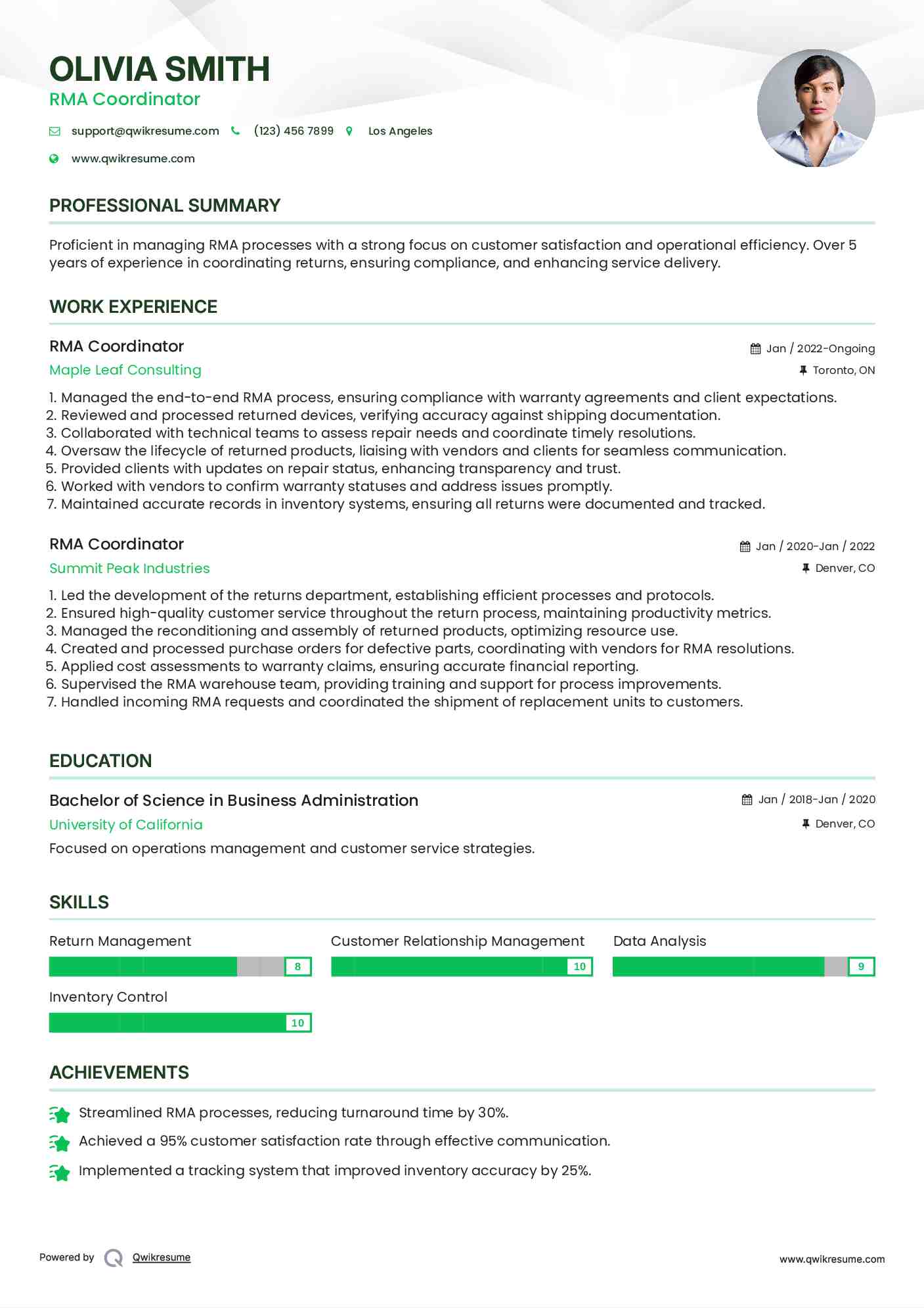 RMA Coordinator Resume Model