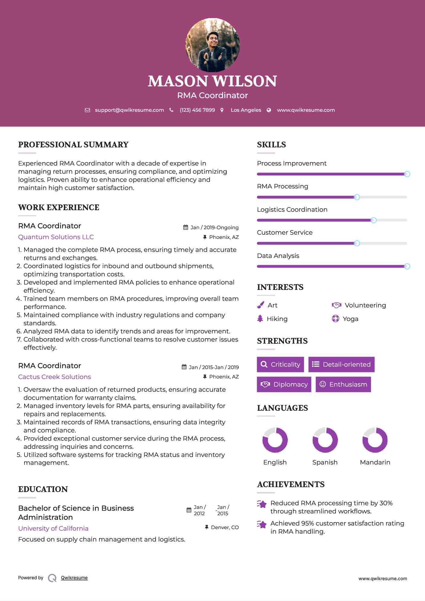 RMA Coordinator Resume Sample