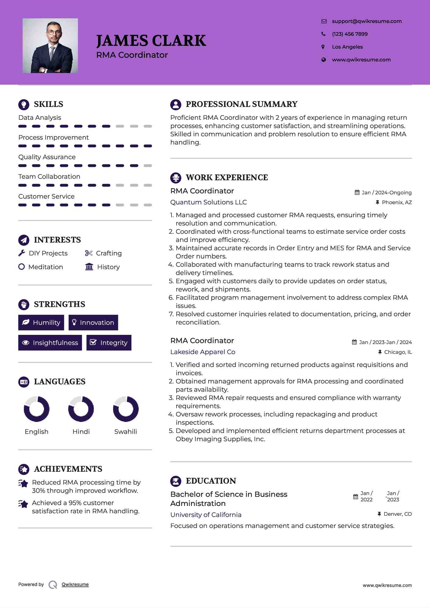 RMA Coordinator Resume Model