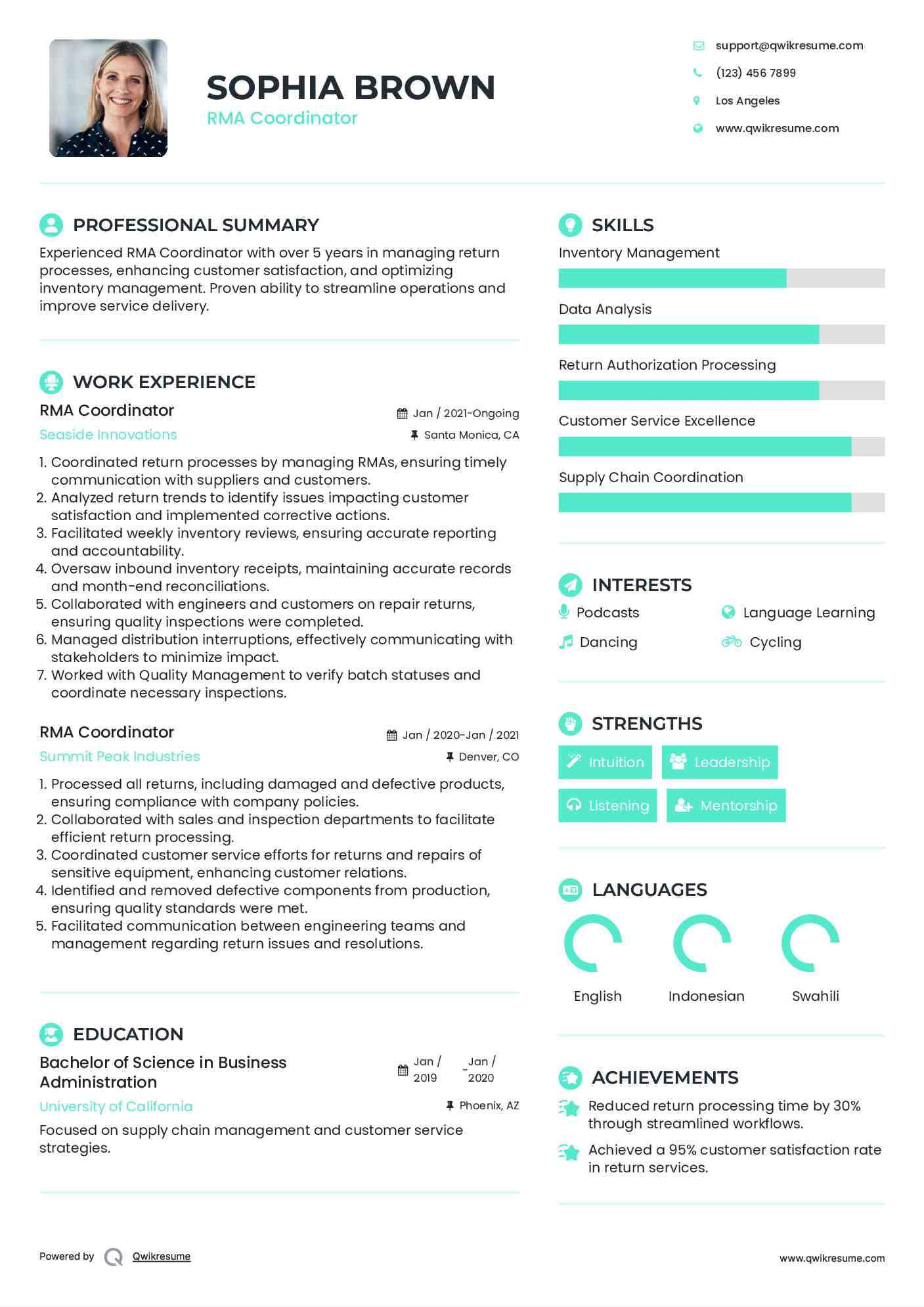 RMA Coordinator Resume Format