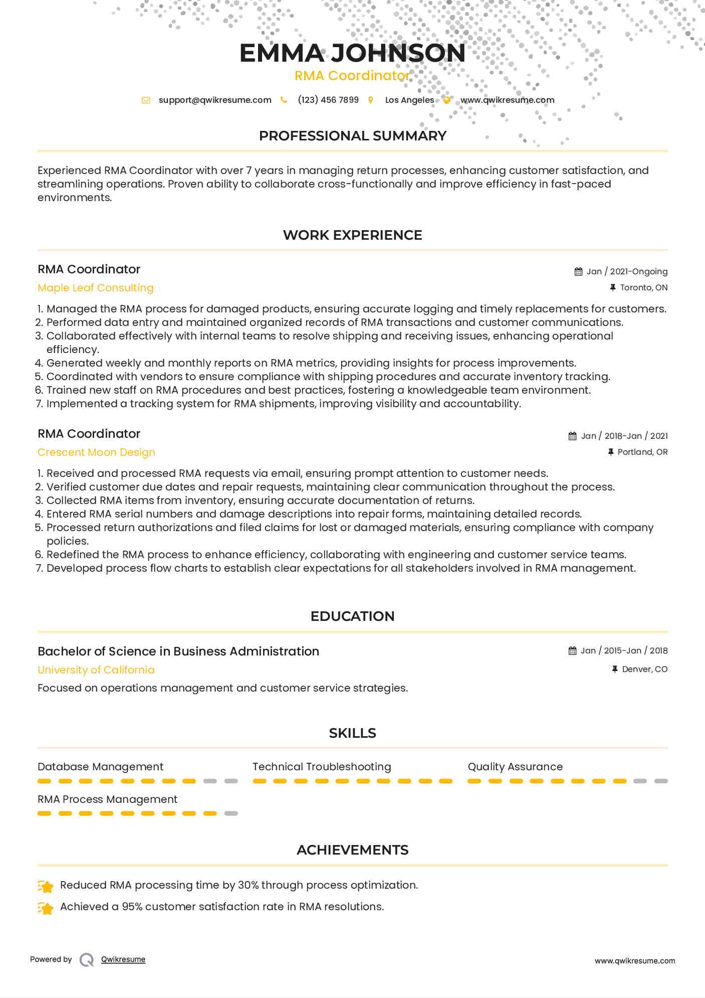 RMA Coordinator Resume Format