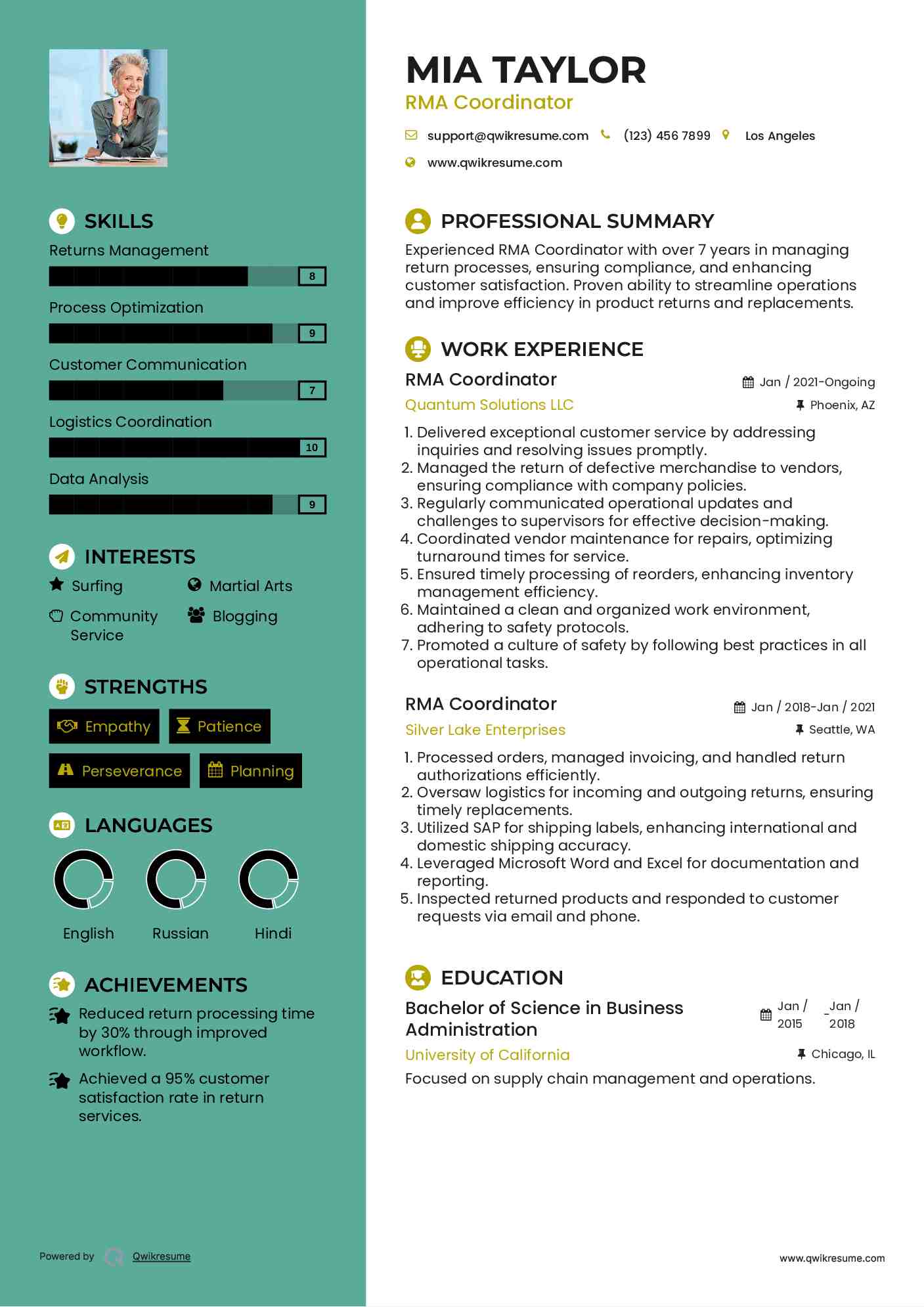 RMA Coordinator Resume Sample