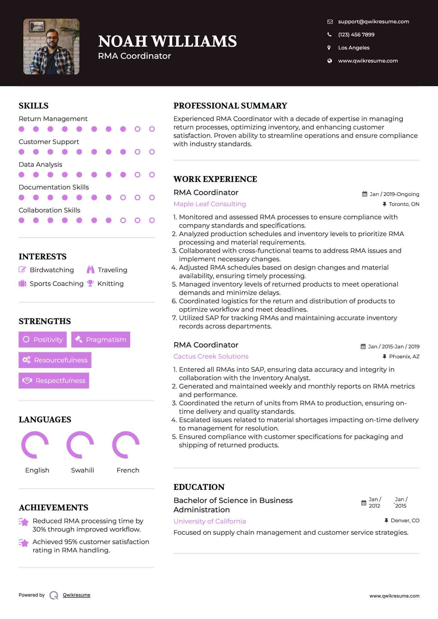 RMA Coordinator Resume Model