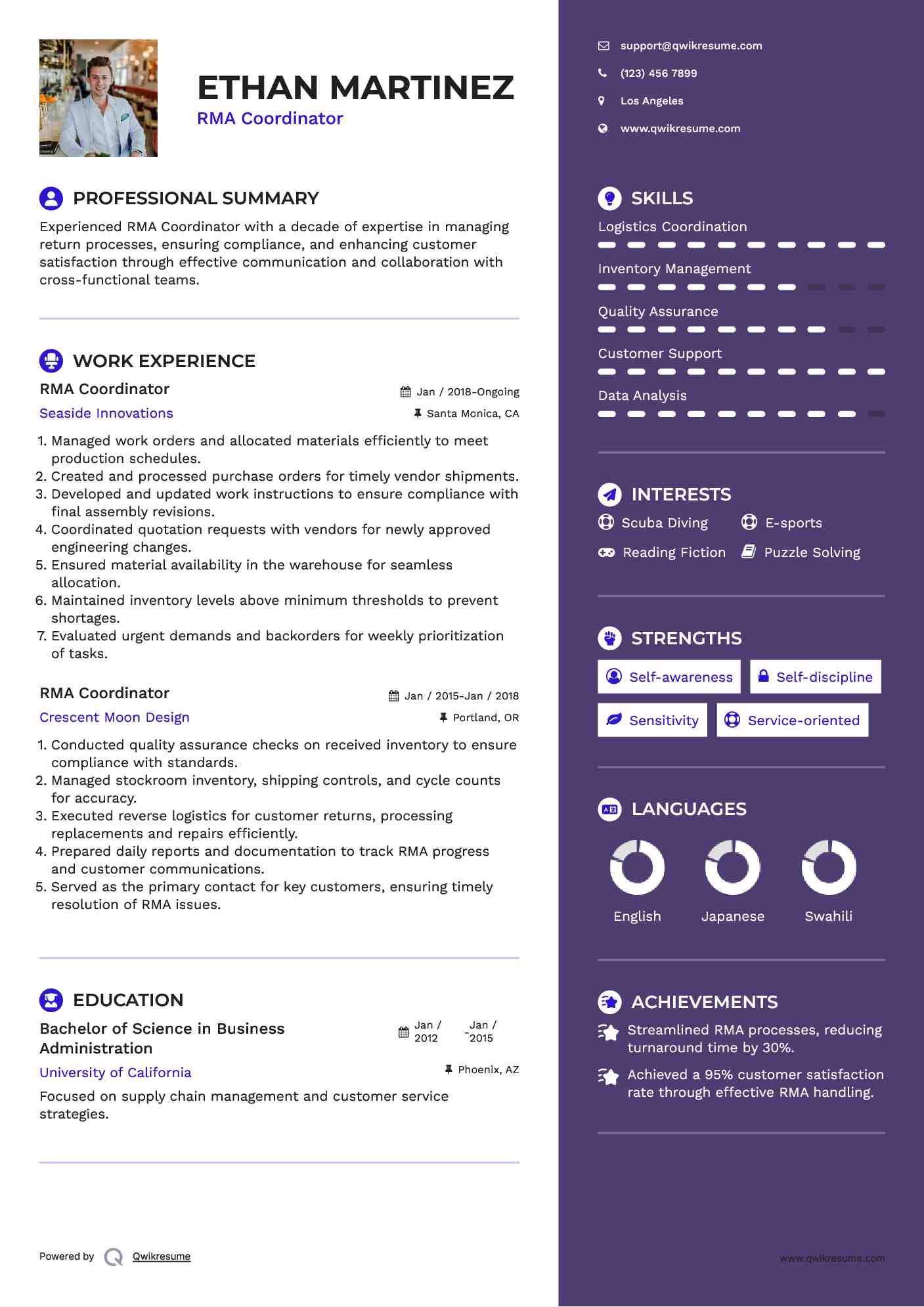 RMA Coordinator Resume Model