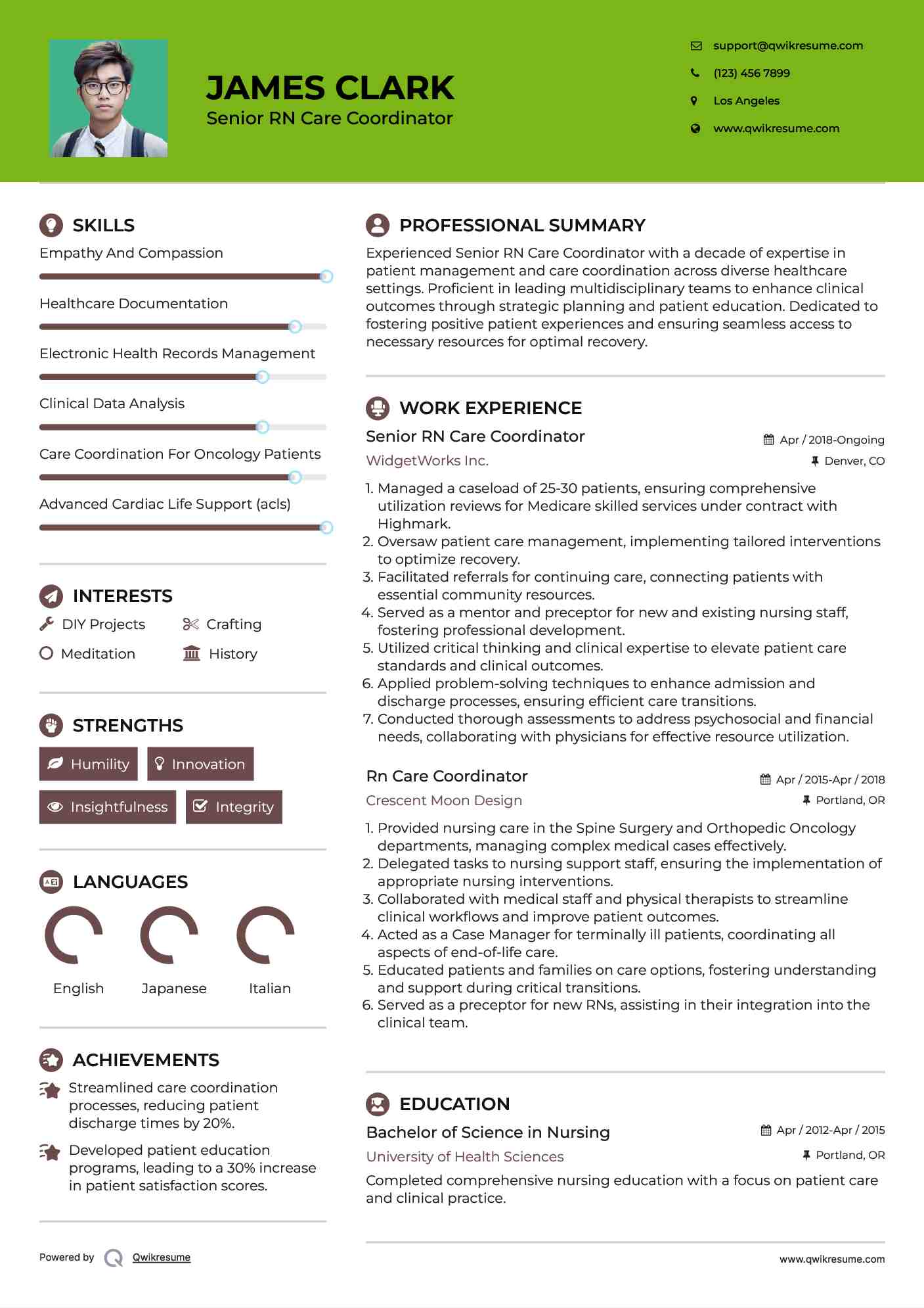 Senior RN Care Coordinator Resume Example