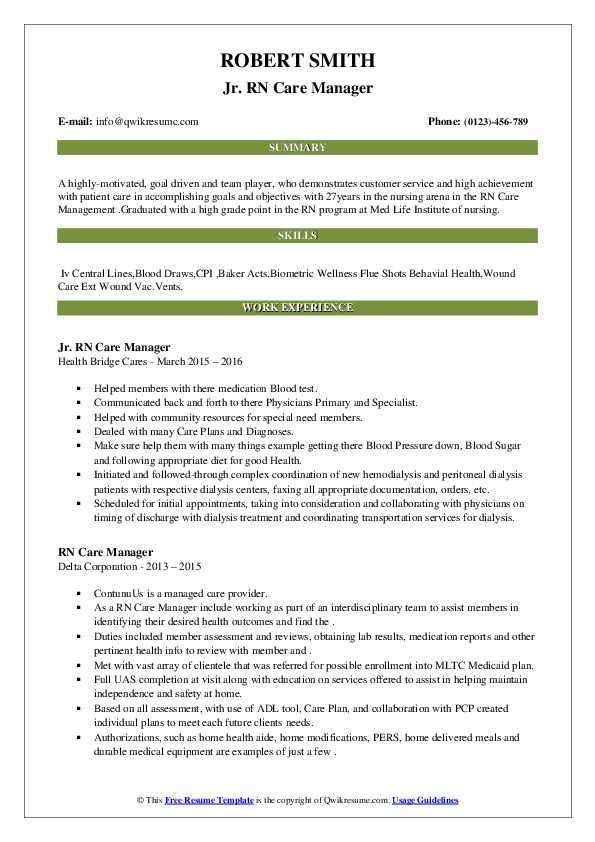 Jr. RN Care Manager Resume Sample