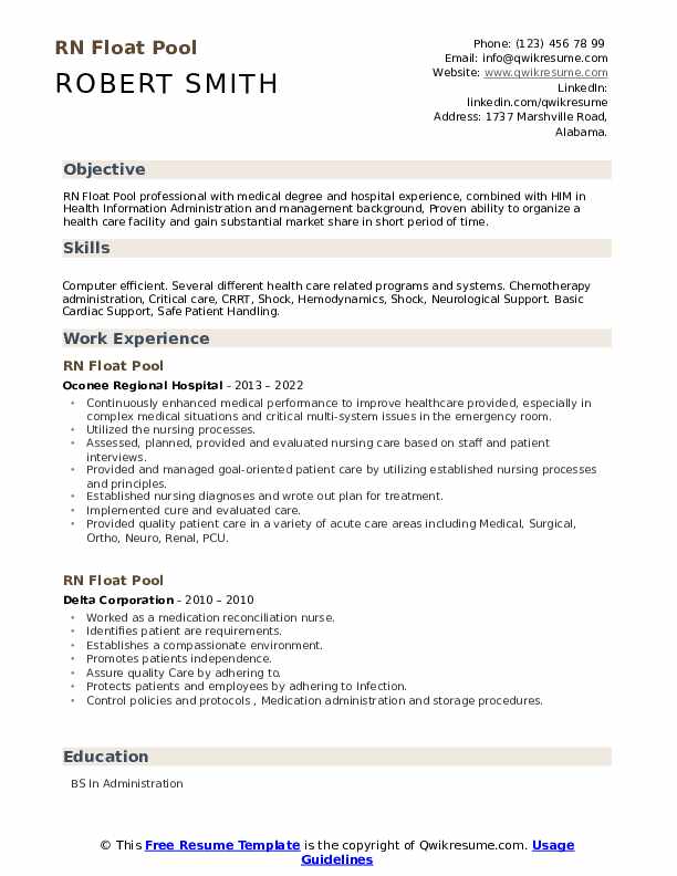 RN Float Pool Resume Samples QwikResume