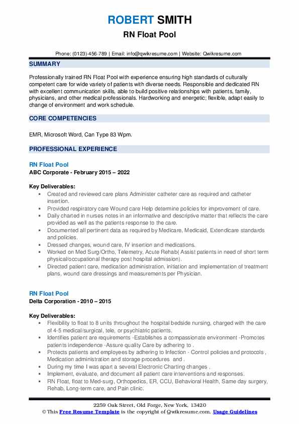 RN Float Pool Resume Samples QwikResume