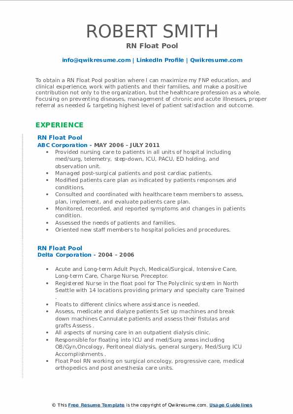 RN Float Pool Resume Samples QwikResume