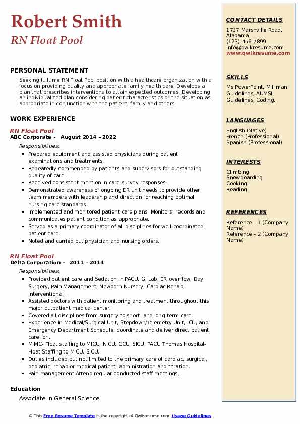 RN Float Pool Resume Samples QwikResume