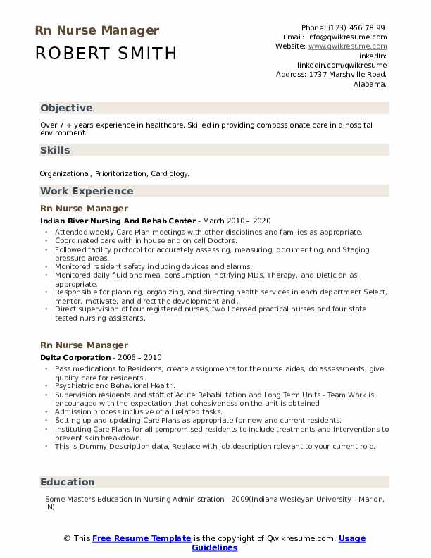 RN Nurse Manager Resume Samples - Rn Nurse Manager 1590385801 Pdf 