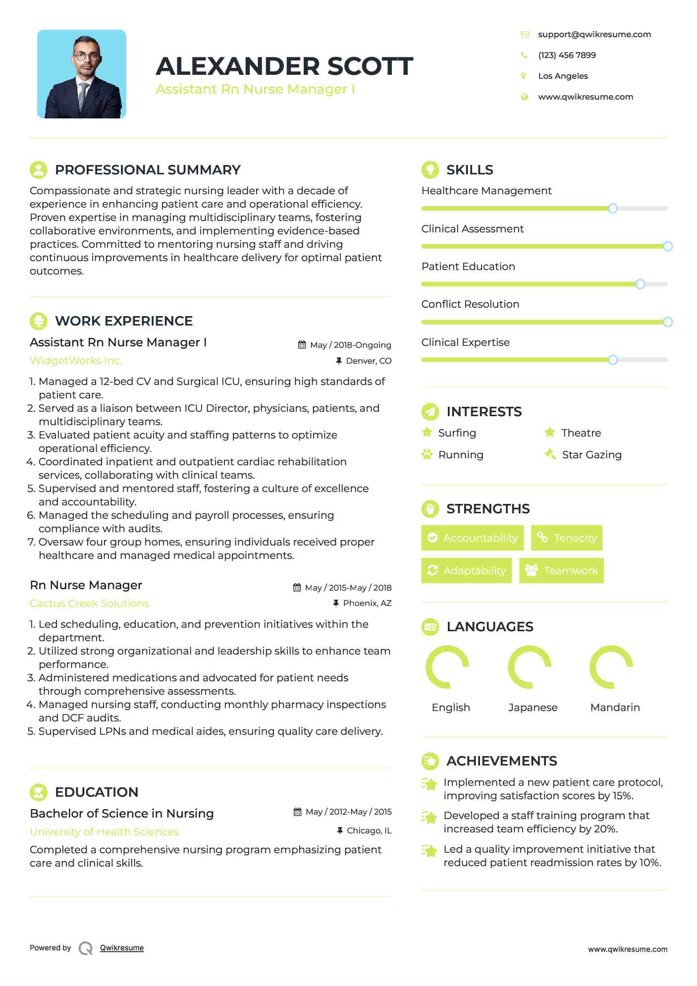 Assistant Rn Nurse Manager I Resume Format