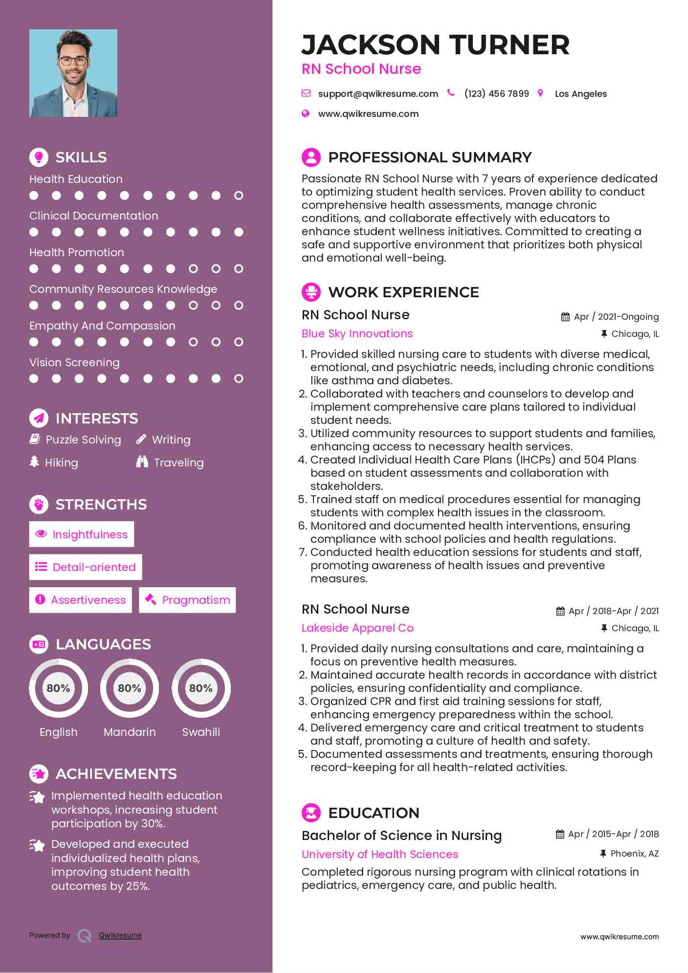 RN School Nurse Resume Example