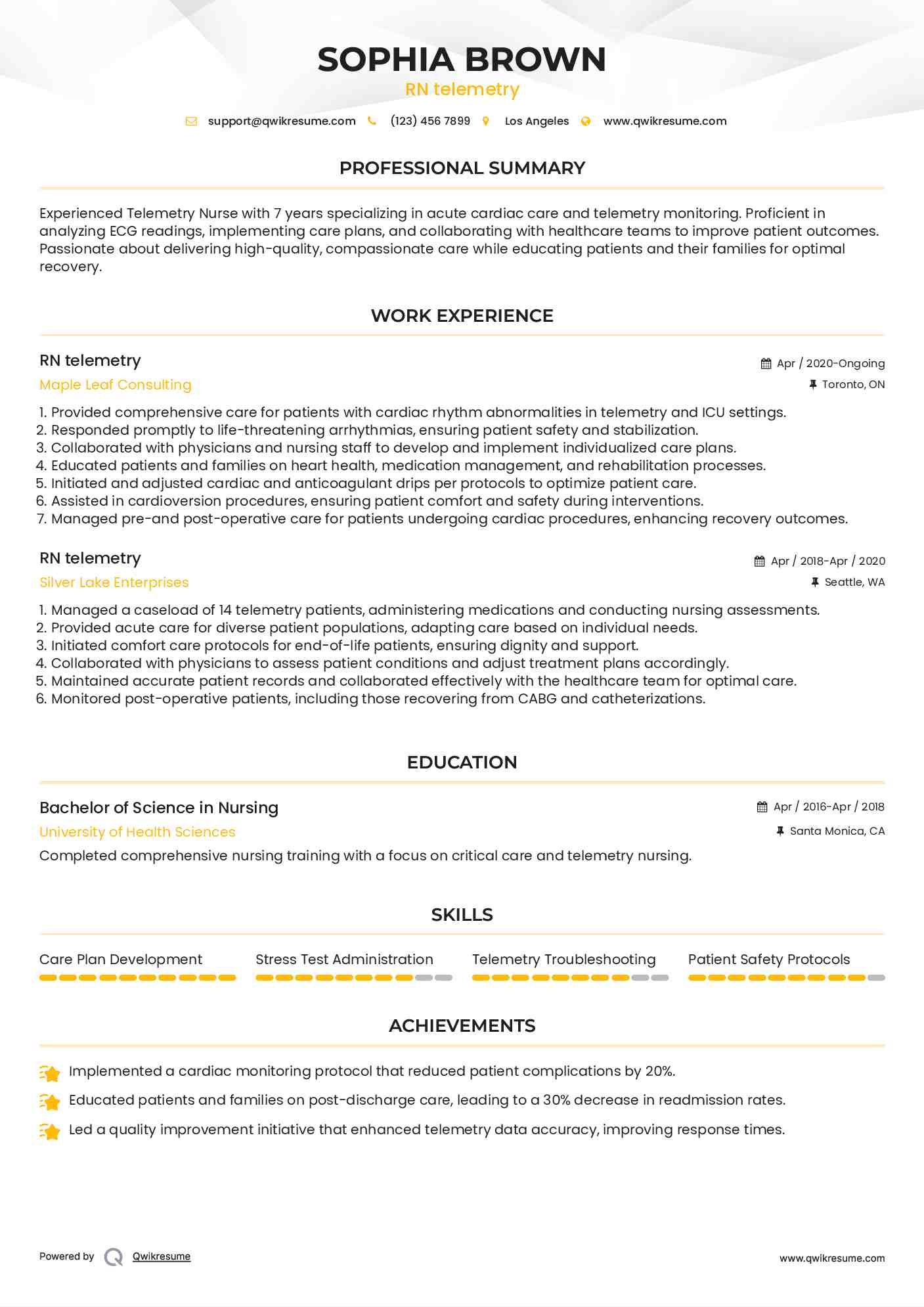 RN telemetry Resume Example