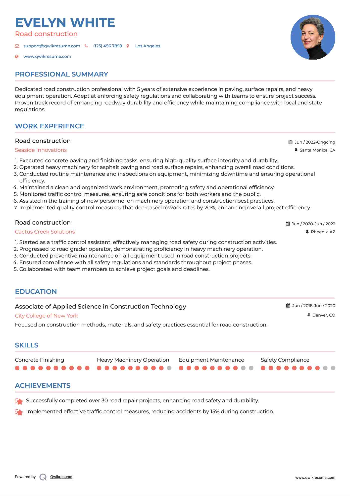 Road construction Resume Example