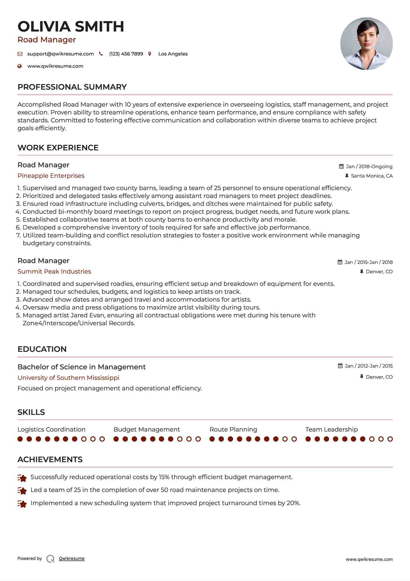 Road Manager Resume Sample