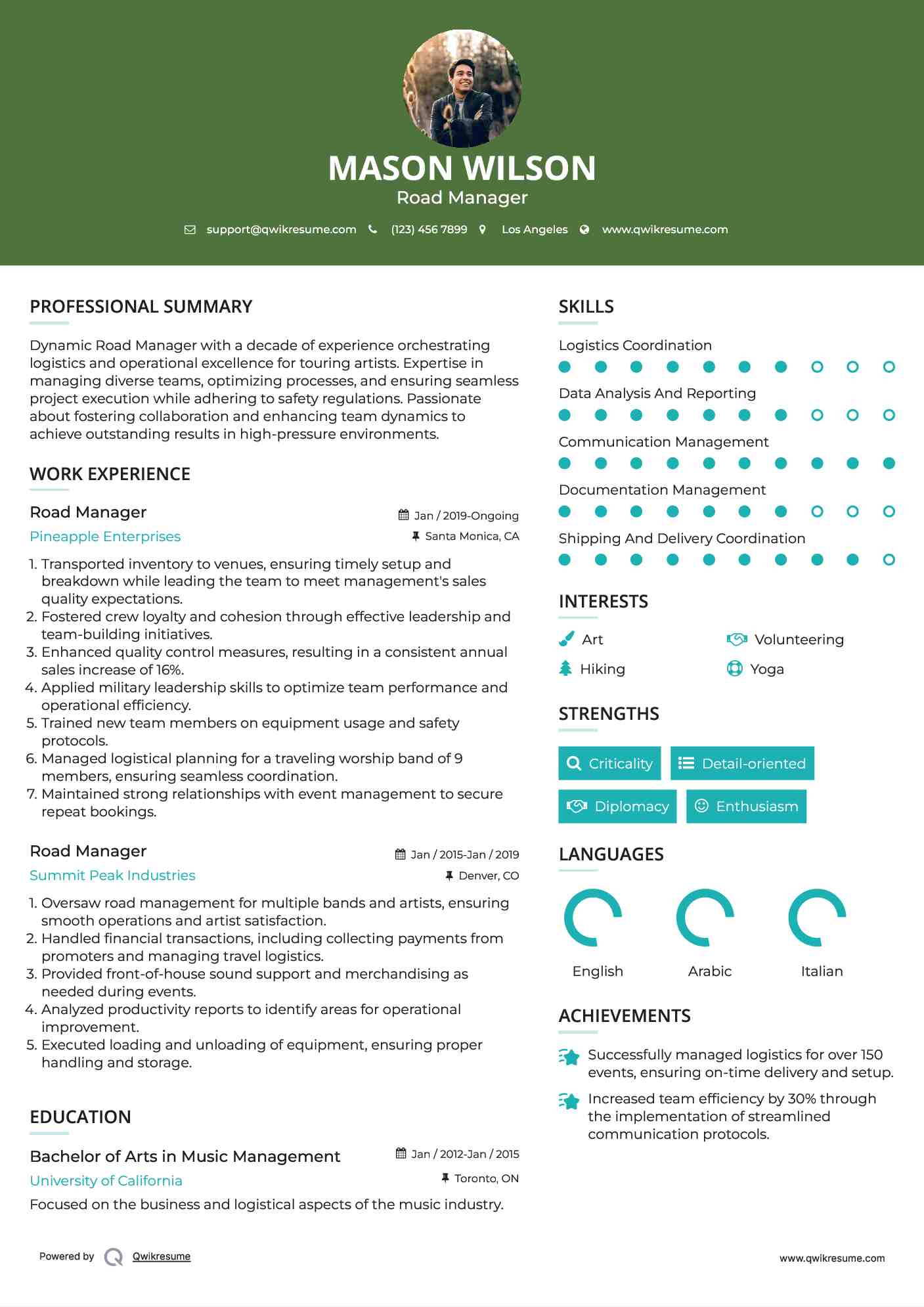 Road Manager Resume Template