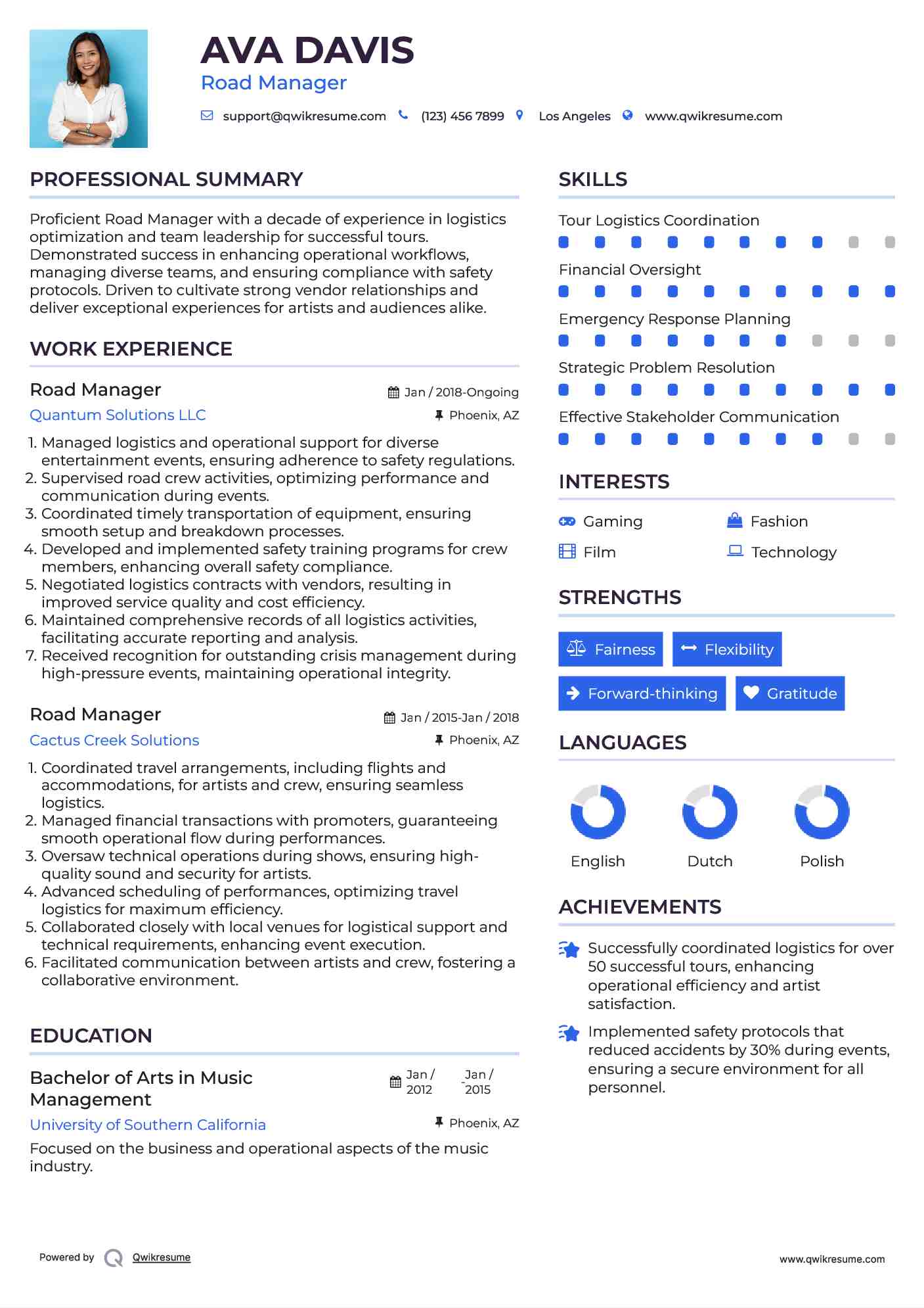 Road Manager Resume Sample