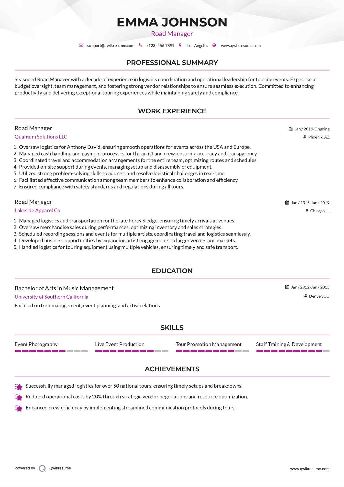 Road Manager Resume Example